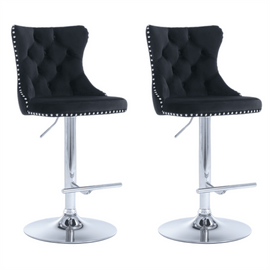 2x Height Adjustable Swivel Bar Stool Velvet Studs Barstool with Footrest and Chromed Base - Black - RnR Galore