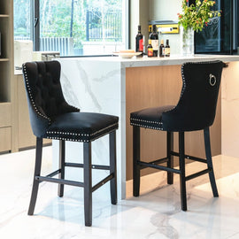 2X Velvet Bar Stools with Studs Trim Wooden Legs Tufted Dining Chairs Kitchen - RnR Galore