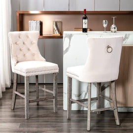 2X Velvet Bar Stools with Studs Trim Wooden Legs Tufted Dining Chairs Kitchen - RnR Galore