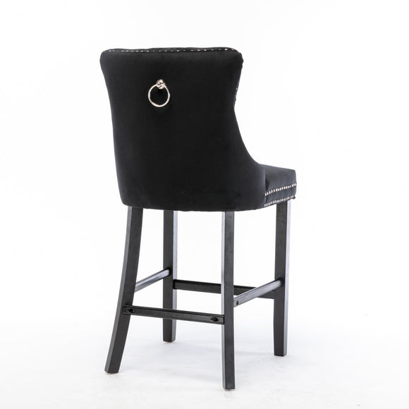 2X Velvet Bar Stools with Studs Trim Wooden Legs Tufted Dining Chairs Kitchen - RnR Galore