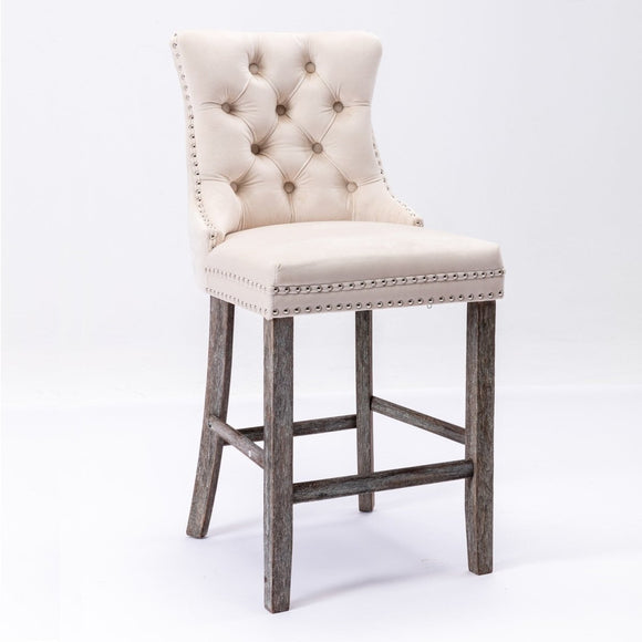 2X Velvet Bar Stools with Studs Trim Wooden Legs Tufted Dining Chairs Kitchen - RnR Galore