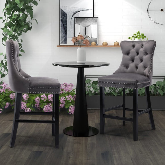 2X Velvet Bar Stools with Studs Trim Wooden Legs Tufted Dining Chairs Kitchen - RnR Galore