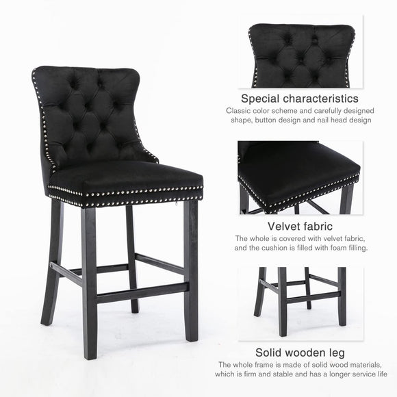 2X Velvet Bar Stools with Studs Trim Wooden Legs Tufted Dining Chairs Kitchen - RnR Galore