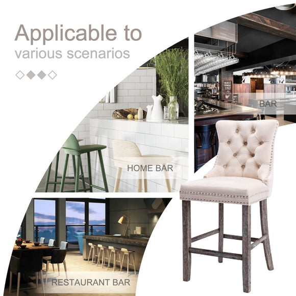 2X Velvet Bar Stools with Studs Trim Wooden Legs Tufted Dining Chairs Kitchen - RnR Galore