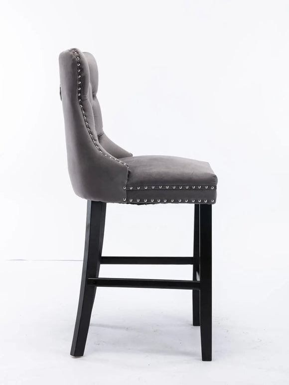 2X Velvet Bar Stools with Studs Trim Wooden Legs Tufted Dining Chairs Kitchen - RnR Galore