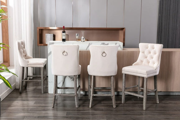 2X Velvet Bar Stools with Studs Trim Wooden Legs Tufted Dining Chairs Kitchen - RnR Galore