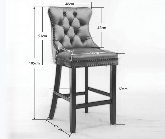 2X Velvet Bar Stools with Studs Trim Wooden Legs Tufted Dining Chairs Kitchen - RnR Galore