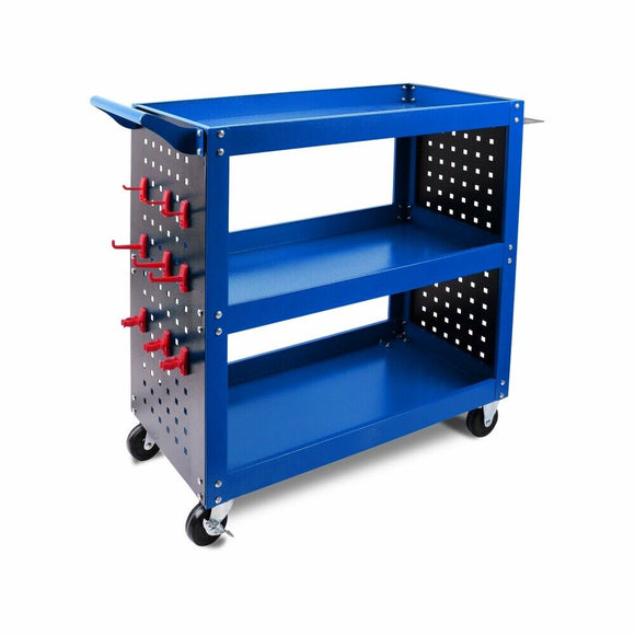 3 - Tier Heavy Duty Steel Tool Trolley - Workshop Cart with Pegboard, Hooks and Locking Swivel Casters - RnR Galore