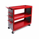 3 - Tier Heavy Duty Steel Tool Trolley - Workshop Cart with Pegboard, Hooks and Locking Swivel Casters - RnR Galore