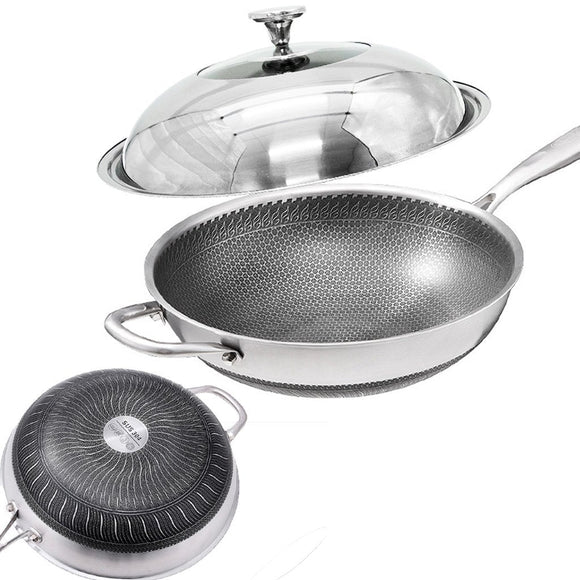 32cm 304 Stainless Steel Non - Stick Stir Fry Cooking Kitchen Honeycomb Wok Pan with Lid - RnR Galore