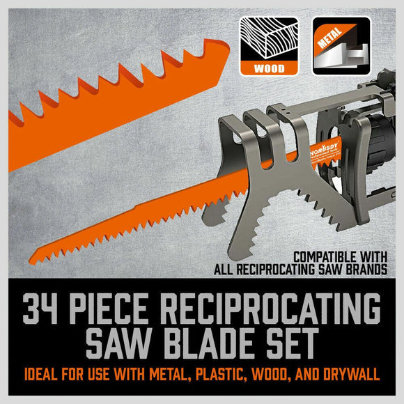 34 - Piece Reciprocating Saw Blade Set Wood and Metal Cutting Blades with Storage Pouch - RnR Galore