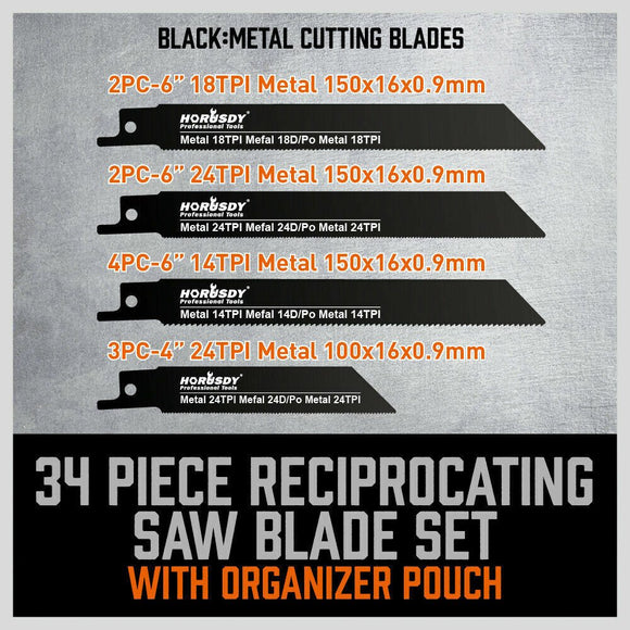 34 - Piece Reciprocating Saw Blade Set Wood and Metal Cutting Blades with Storage Pouch - RnR Galore