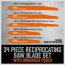 34 - Piece Reciprocating Saw Blade Set Wood and Metal Cutting Blades with Storage Pouch - RnR Galore