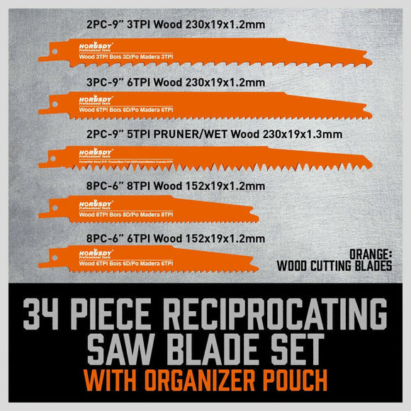 34 - Piece Reciprocating Saw Blade Set Wood and Metal Cutting Blades with Storage Pouch - RnR Galore