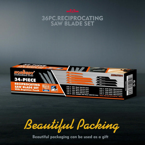 34 - Piece Reciprocating Saw Blade Set Wood and Metal Cutting Blades with Storage Pouch - RnR Galore