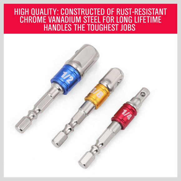 3Pc Socket Bit Adaptor Set Drill Nut Driver Power Extension Bars 1/4" 3/8" 1/2" - RnR Galore