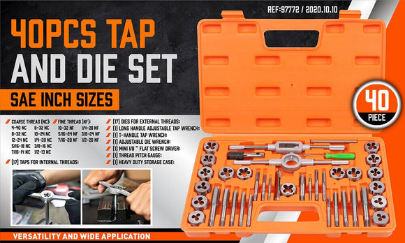 40Pc Tap And Die Set Imperial SAE Screw Screwdriver Thread Drill W/t Pitch Gauge - RnR Galore
