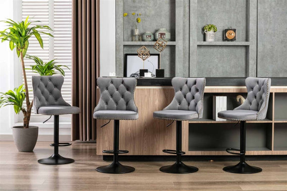 4x Height Adjustable Swivel Bar Stool Velvet Nailhead Barstool with Footrest - RnR Galore
