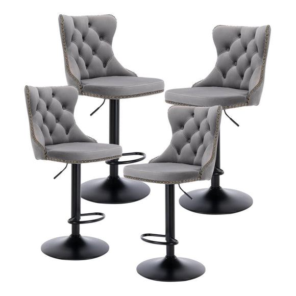 4x Height Adjustable Swivel Bar Stool Velvet Nailhead Barstool with Footrest - RnR Galore