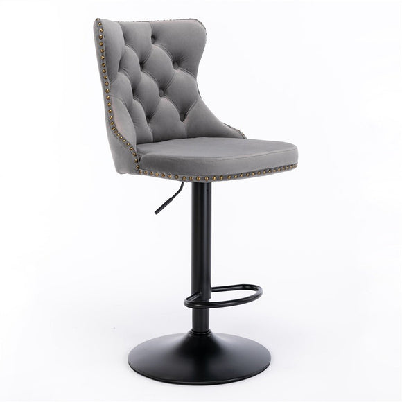 4x Height Adjustable Swivel Bar Stool Velvet Nailhead Barstool with Footrest - RnR Galore