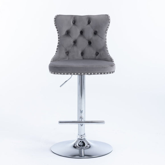 4x Height Adjustable Swivel Bar Stool Velvet Stud Barstool with Footrest and Chromed Base - Gray - RnR Galore