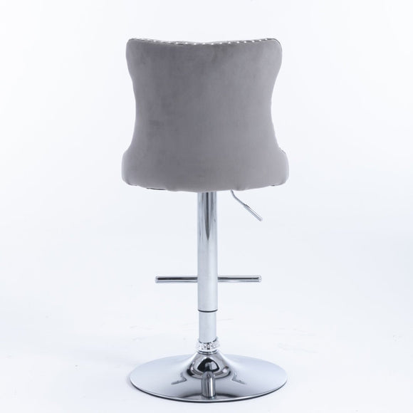 4x Height Adjustable Swivel Bar Stool Velvet Stud Barstool with Footrest and Chromed Base - Gray - RnR Galore