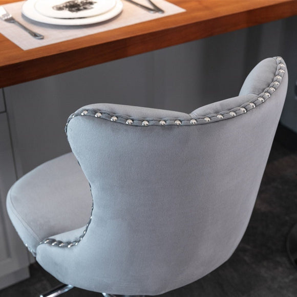 4x Height Adjustable Swivel Bar Stool Velvet Stud Barstool with Footrest and Chromed Base - Gray - RnR Galore