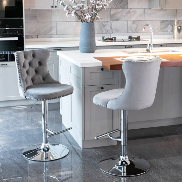 4x Height Adjustable Swivel Bar Stool Velvet Stud Barstool with Footrest and Chromed Base - Gray - RnR Galore