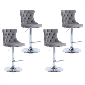 4x Height Adjustable Swivel Bar Stool Velvet Stud Barstool with Footrest and Chromed Base - Gray - RnR Galore