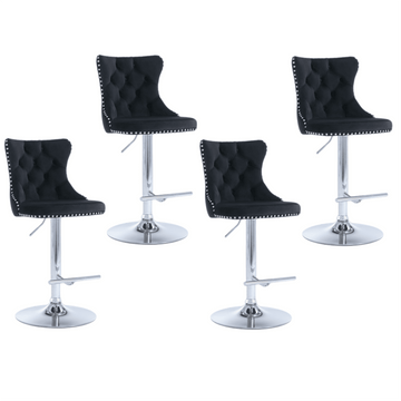 4x Height Adjustable Swivel Bar Stool Velvet Studs Barstool with Footrest and Chromed Base - Black - RnR Galore