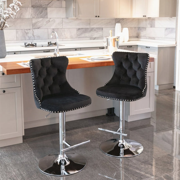 4x Height Adjustable Swivel Bar Stool Velvet Studs Barstool with Footrest and Chromed Base - Black - RnR Galore