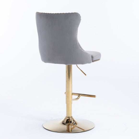 4x Height Adjustable Swivel Bar Stool Velvet Studs Barstool with Footrest and Golden Base - Grey - RnR Galore