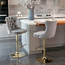 4x Height Adjustable Swivel Bar Stool Velvet Studs Barstool with Footrest and Golden Base - Grey - RnR Galore