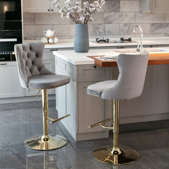 4x Height Adjustable Swivel Bar Stool Velvet Studs Barstool with Footrest and Golden Base - Grey - RnR Galore