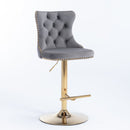 4x Height Adjustable Swivel Bar Stool Velvet Studs Barstool with Footrest and Golden Base - Grey - RnR Galore