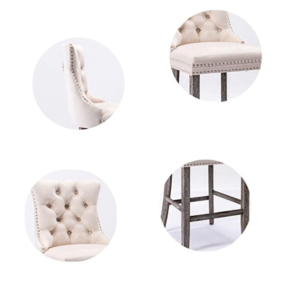 4X Velvet Bar Stools with Studs Trim Wooden Legs Tufted Dining Chairs Kitchen - RnR Galore