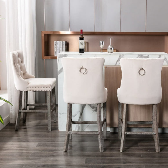 4X Velvet Bar Stools with Studs Trim Wooden Legs Tufted Dining Chairs Kitchen - RnR Galore