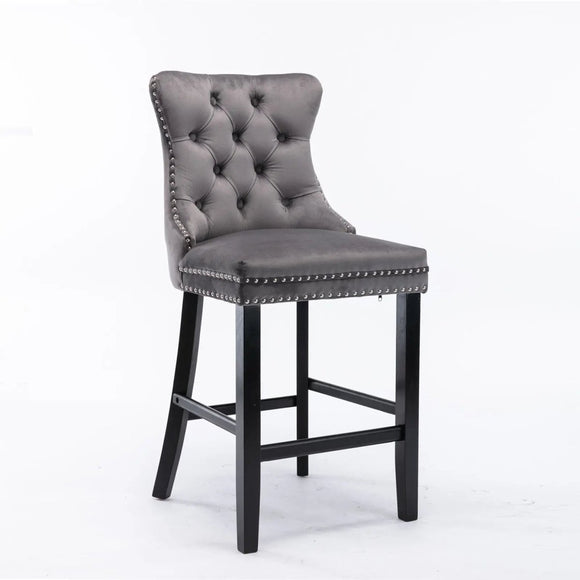 4X Velvet Bar Stools with Studs Trim Wooden Legs Tufted Dining Chairs Kitchen - RnR Galore