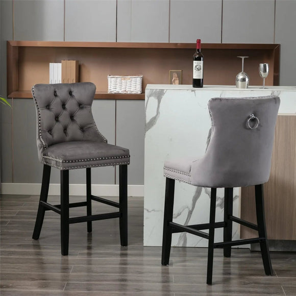 4X Velvet Bar Stools with Studs Trim Wooden Legs Tufted Dining Chairs Kitchen - RnR Galore