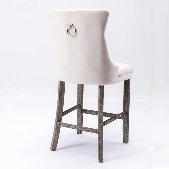 4X Velvet Bar Stools with Studs Trim Wooden Legs Tufted Dining Chairs Kitchen - RnR Galore