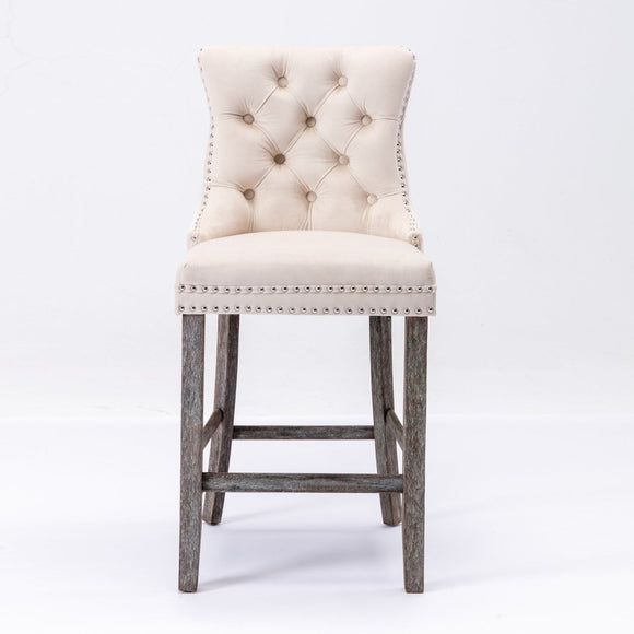 4X Velvet Bar Stools with Studs Trim Wooden Legs Tufted Dining Chairs Kitchen - RnR Galore