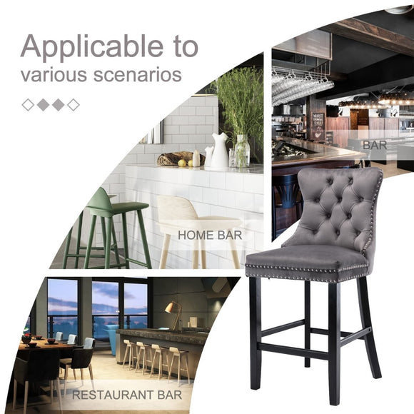 4X Velvet Bar Stools with Studs Trim Wooden Legs Tufted Dining Chairs Kitchen - RnR Galore