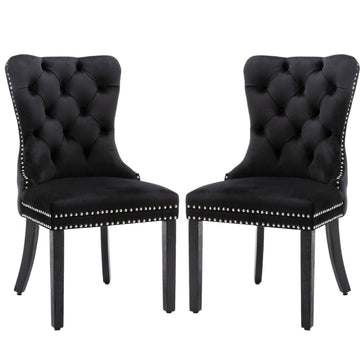 4x Velvet Dining Chairs Upholstered Tufted Kithcen Chair with Solid Wood Legs Stud Trim and Ring - Black - RnR Galore