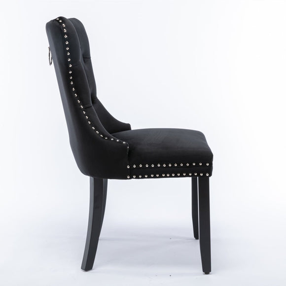 4x Velvet Dining Chairs Upholstered Tufted Kithcen Chair with Solid Wood Legs Stud Trim and Ring - Black - RnR Galore