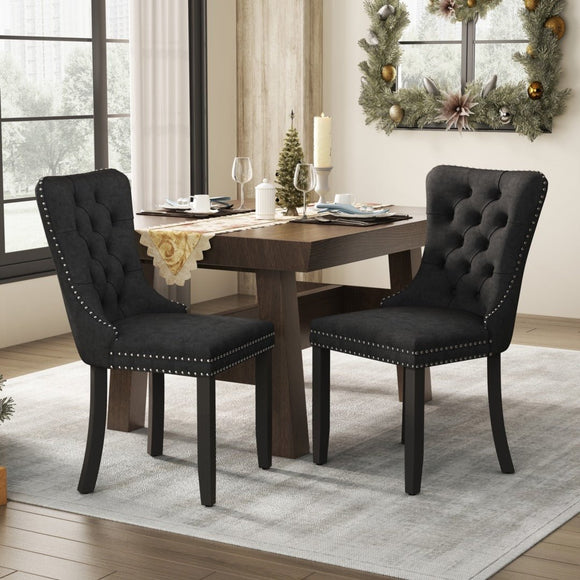 4x Velvet Dining Chairs Upholstered Tufted Kithcen Chair with Solid Wood Legs Stud Trim and Ring - Black - RnR Galore