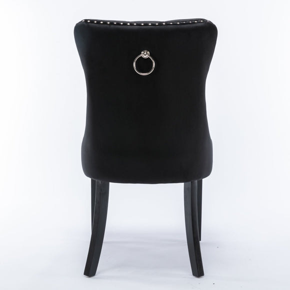 4x Velvet Dining Chairs Upholstered Tufted Kithcen Chair with Solid Wood Legs Stud Trim and Ring - Black - RnR Galore
