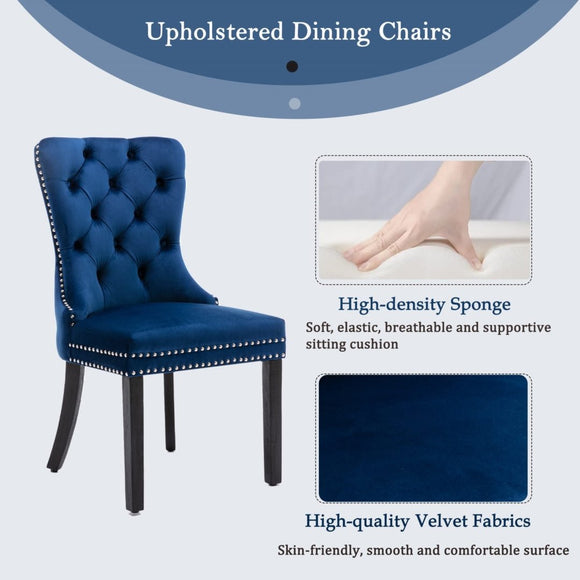 4x Velvet Dining Chairs Upholstered Tufted Kithcen Chair with Solid Wood Legs Stud Trim and Ring - Blue - RnR Galore