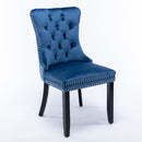 4x Velvet Dining Chairs Upholstered Tufted Kithcen Chair with Solid Wood Legs Stud Trim and Ring - Blue - RnR Galore