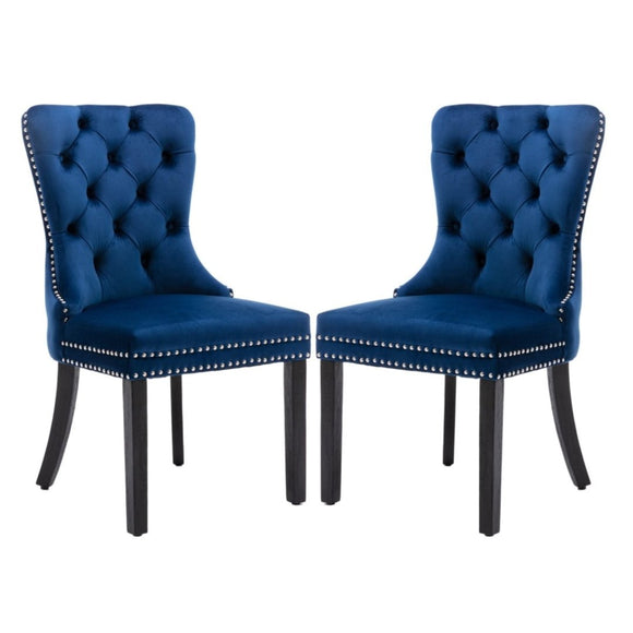 4x Velvet Dining Chairs Upholstered Tufted Kithcen Chair with Solid Wood Legs Stud Trim and Ring - Blue - RnR Galore