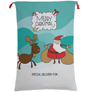 50x70cm Canvas Hessian Christmas Santa Sack Xmas Stocking Reindeer Kids Gift Bag, Cartoon Santa w Reindeer (B) - RnR Galore